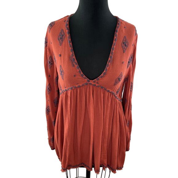 FREE PEOPLE Orange Tunic Top Rayon Diamond Embroidered Ribbed VNeck Size Small S - Picture 2 of 9